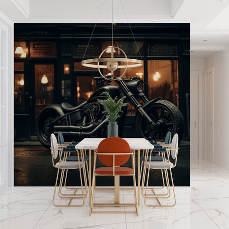 Motorcycle wallpaper in modern office space showing black custom bike against night city lights