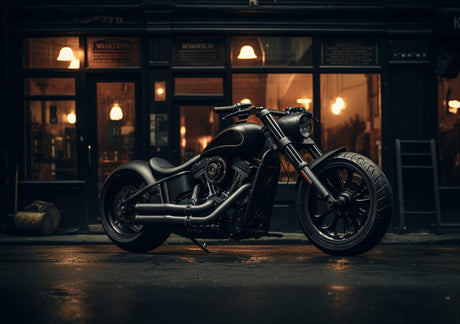 Design file showing detailed black custom motorcycle against urban night backdrop