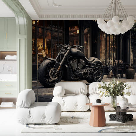 Motorcycle wallpaper mural styled in modern living room with black leather sofa and industrial lighting