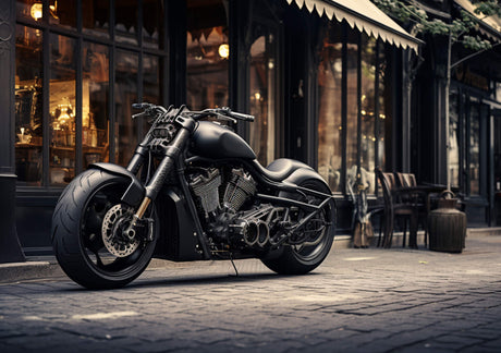 High resolution design file of Harley Davidson motorcycle against urban nightscape background