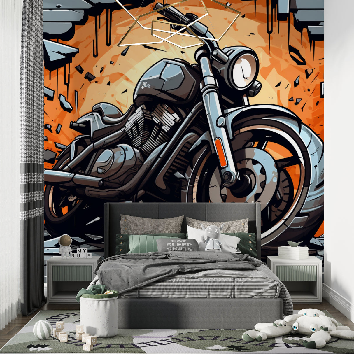 Motorcycle street art wallpaper in modern gaming room showing dynamic orange and black design