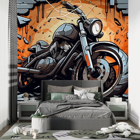 Motorcycle street art wallpaper in modern gaming room showing dynamic orange and black design