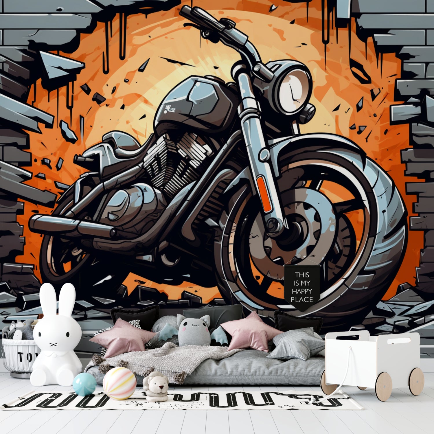 Urban motorcycle mural creating bold statement in teen bedroom