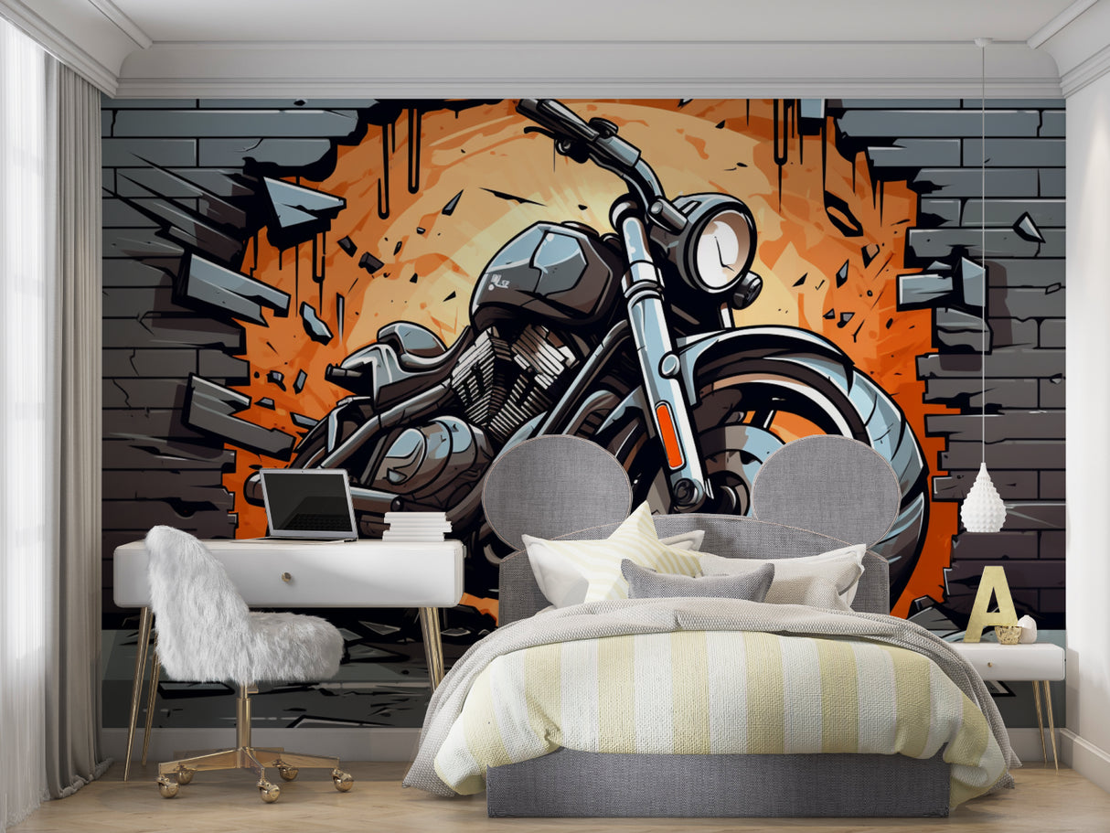 Street art motorcycle wallpaper showcased in urban style living room
