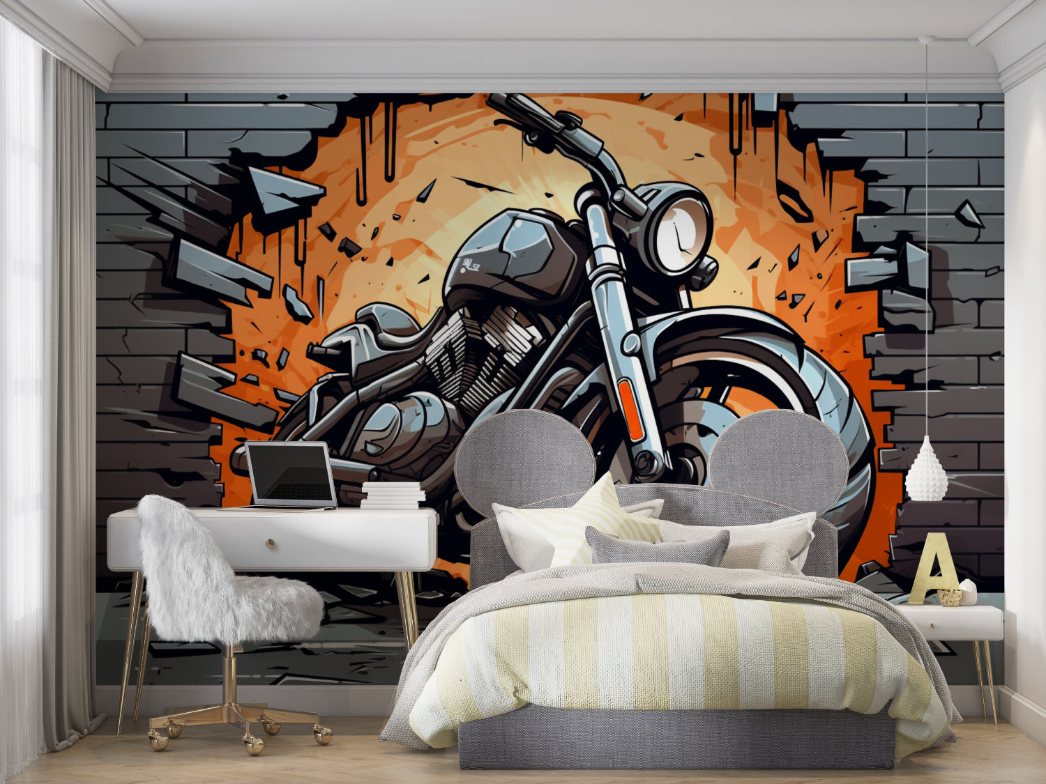 Street art motorcycle wallpaper showcased in urban style living room