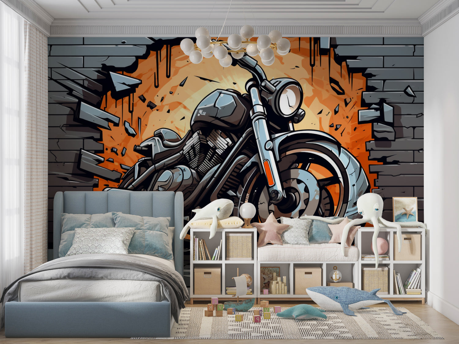 Graffiti motorcycle wall mural bringing energy to home office space
