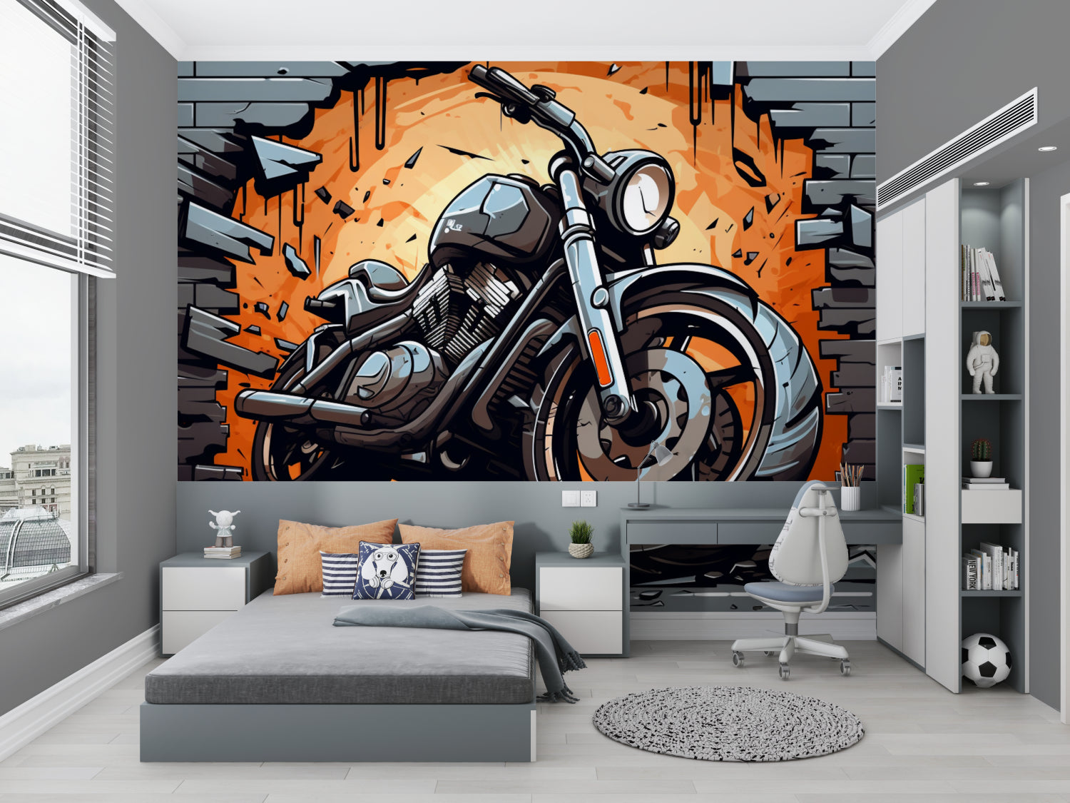 Street art motorcycle design transforming modern entertainment room