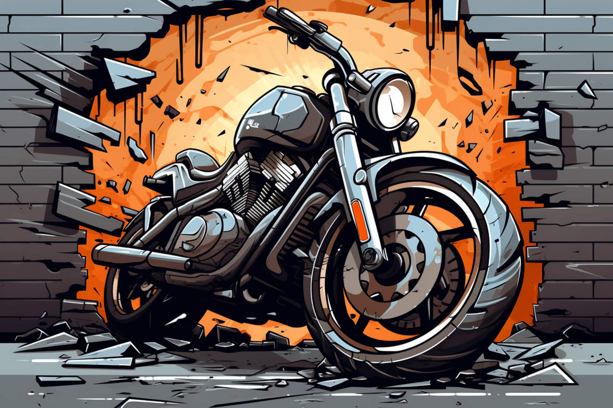 Design file of motorcycle street art wallpaper showing detailed orange explosion effect and urban elements