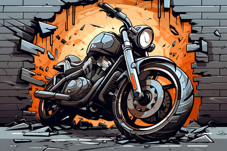 Design file of motorcycle street art wallpaper showing detailed orange explosion effect and urban elements