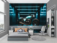 Motorcycle wallpaper mural in modern living room showing turquoise bike against urban night scene