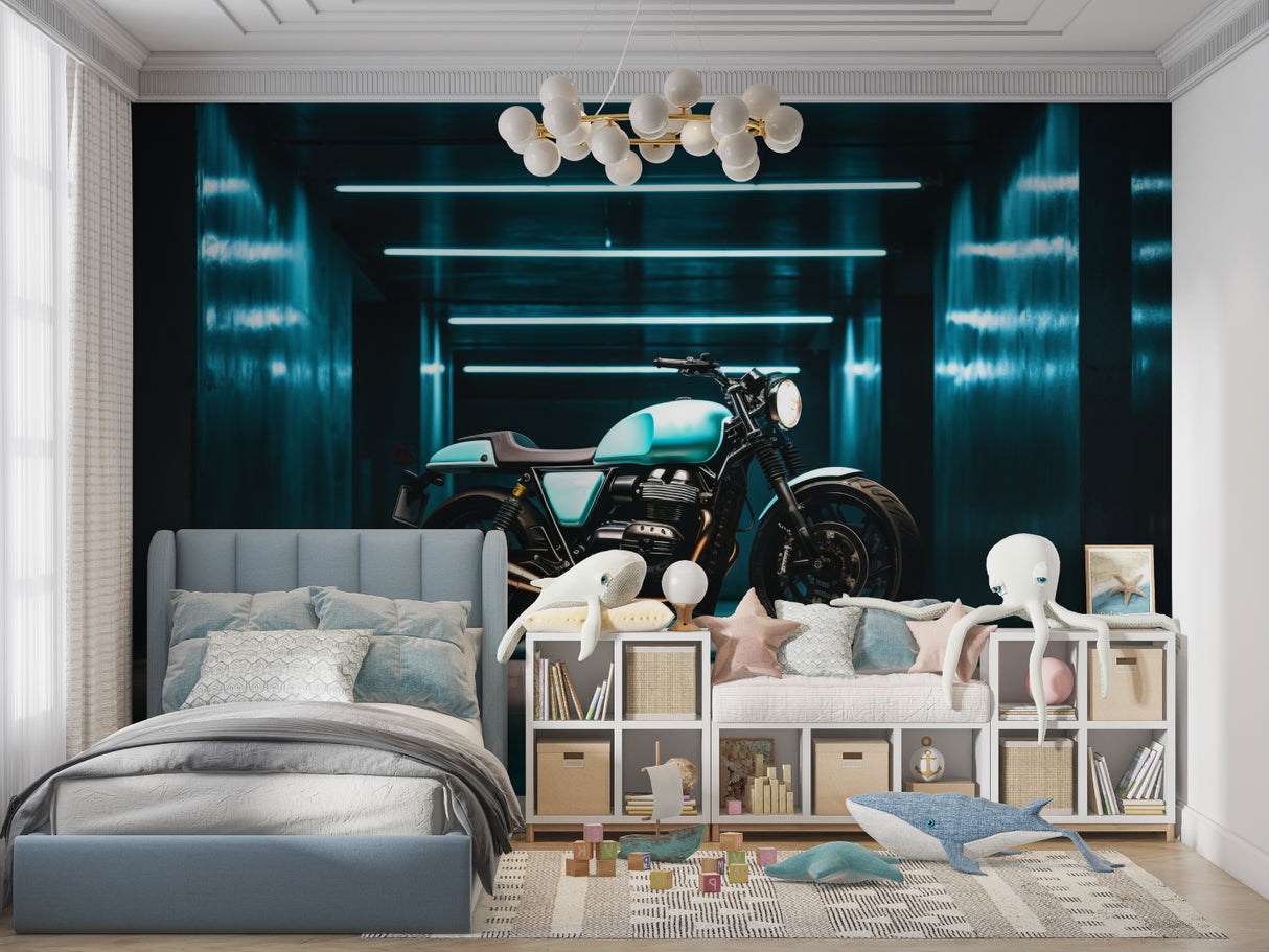 Teen bedroom featuring motorcycle wall mural with glowing neon effects