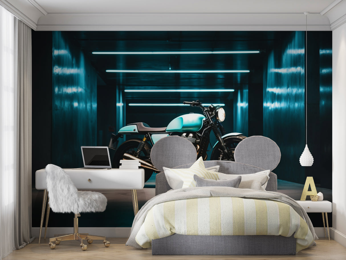 Game room decorated with urban motorcycle wallpaper creating depth
