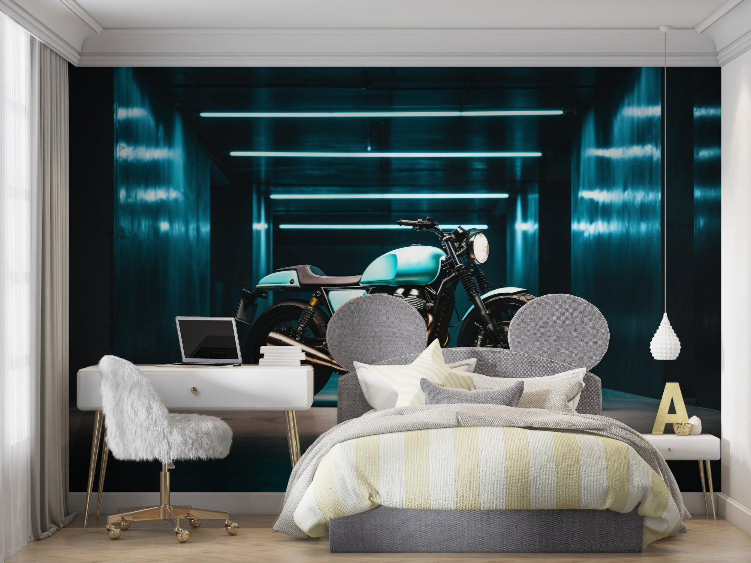 Game room decorated with urban motorcycle wallpaper creating depth