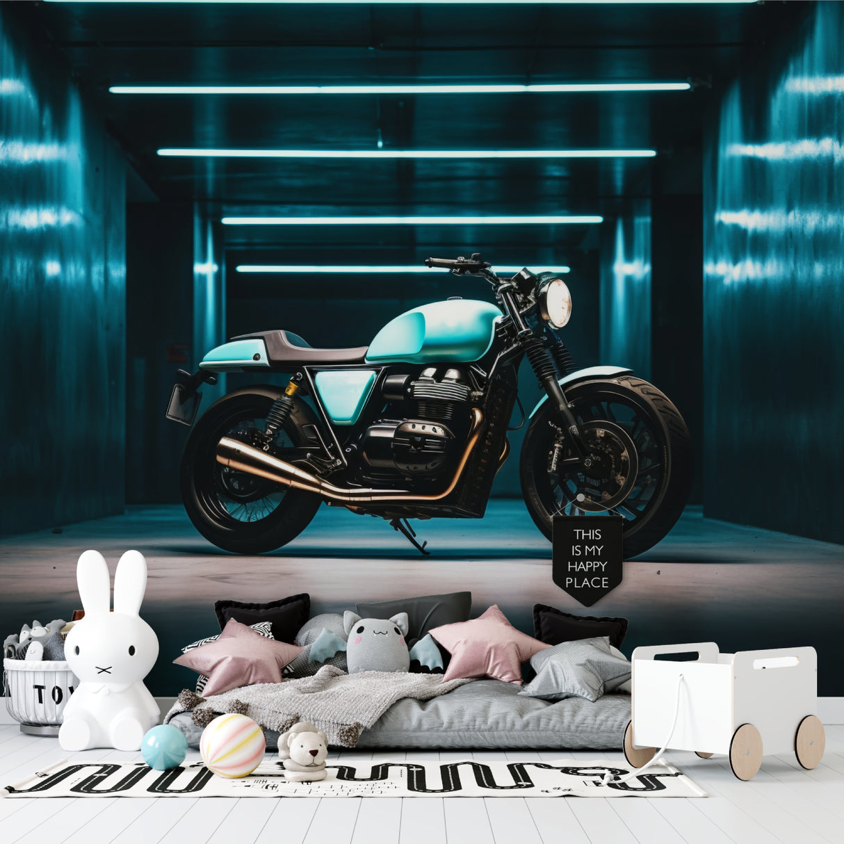 Home office with motorcycle themed wall mural showing urban night scene