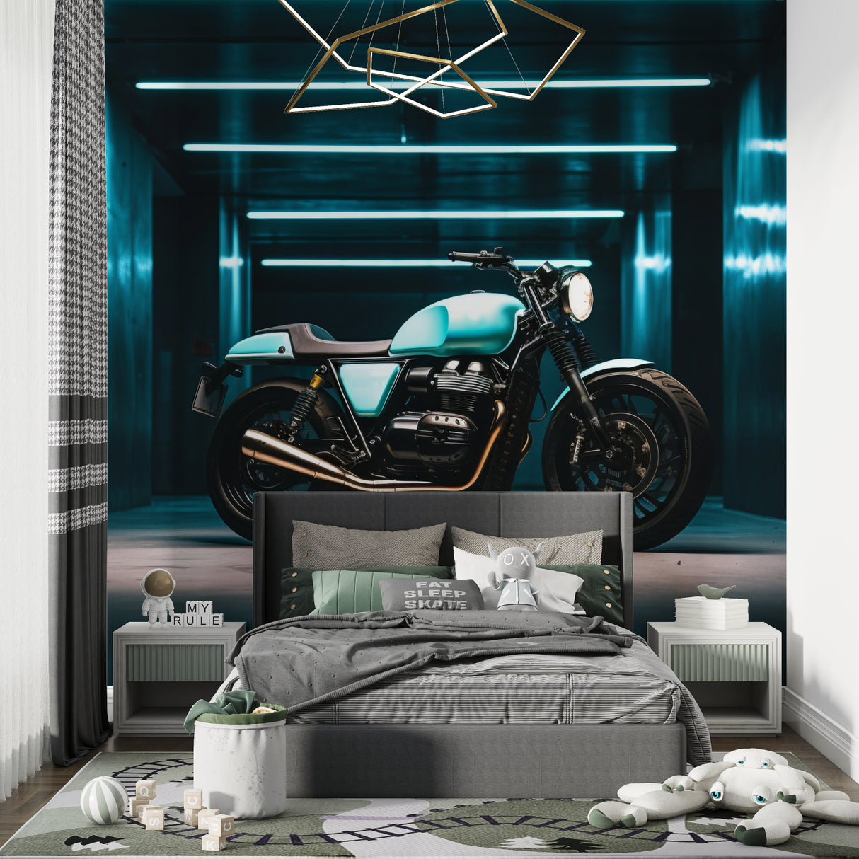 Man cave featuring turquoise motorcycle wallpaper with city backdrop