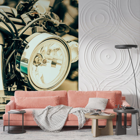 Motorcycle wallpaper mural in modern industrial loft showing chrome details against exposed brick wall