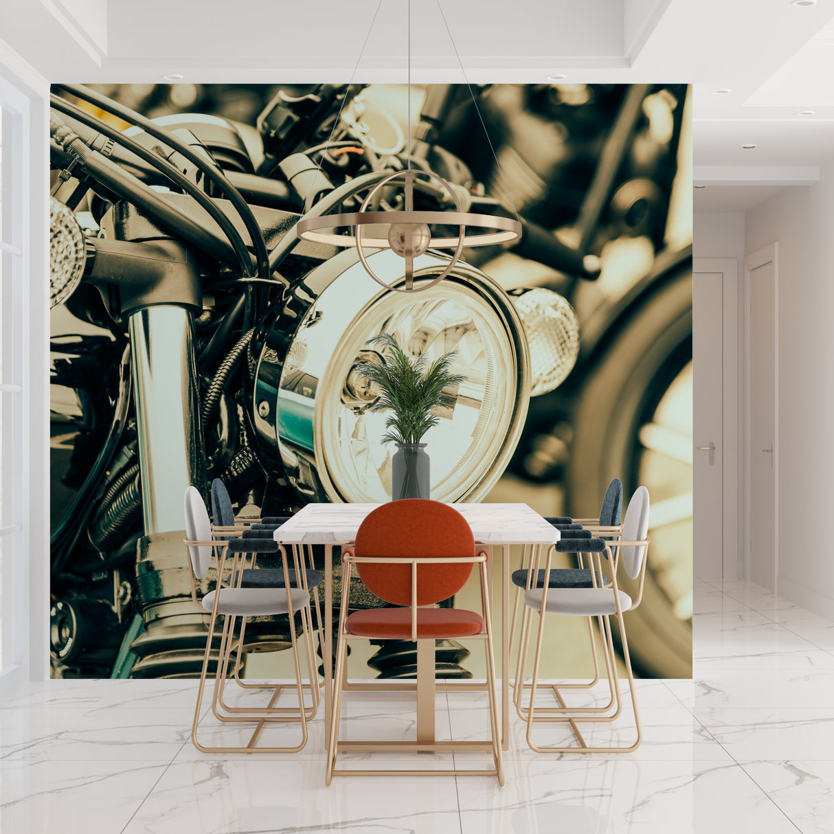 Vintage motorcycle wall mural creating focal point in minimalist living room setting