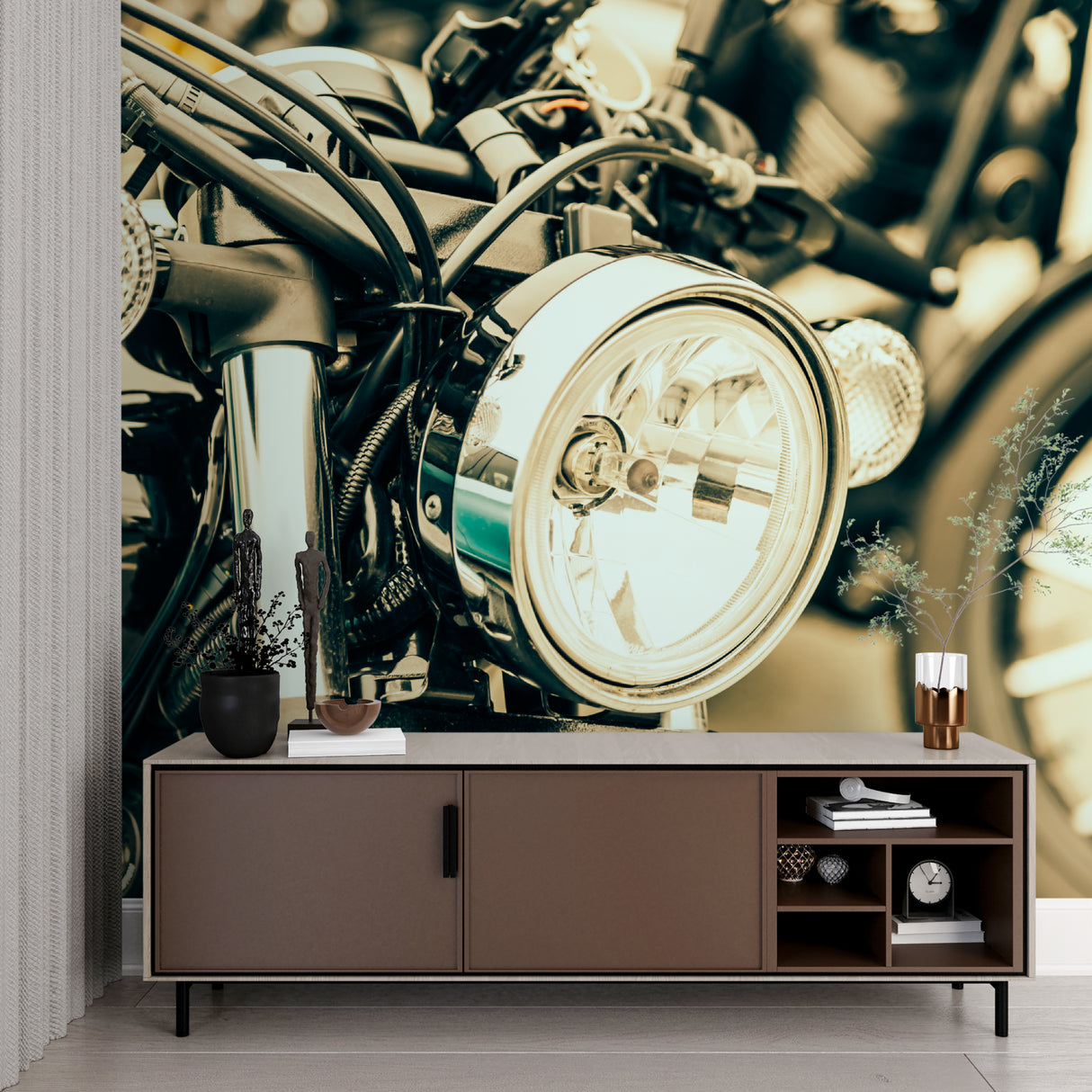 Chrome motorcycle wallpaper installation in stylish man cave with leather furniture