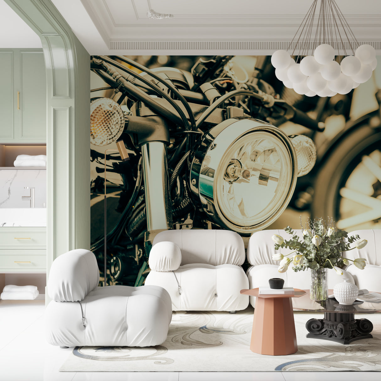 Industrial style motorcycle mural transforming garage workspace into custom shop feel