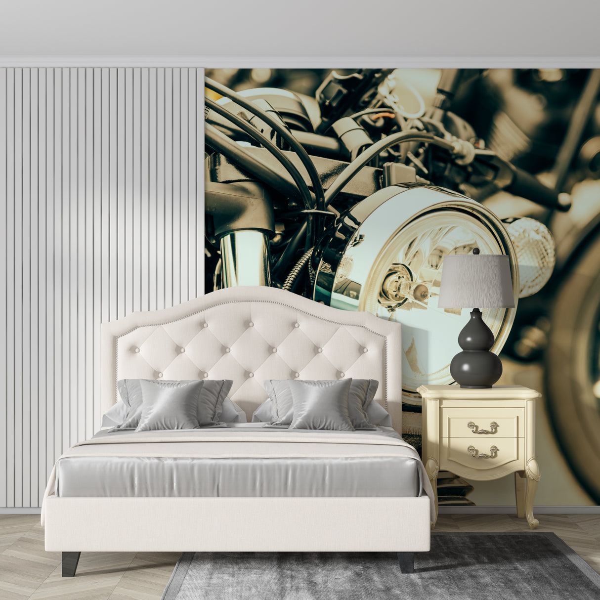 Motorcycle themed wallpaper bringing edge to modern home office design