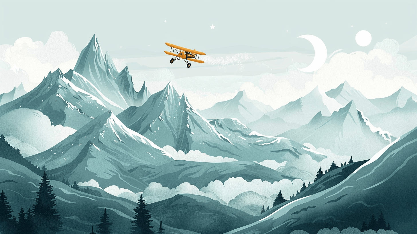 Mountain and airplane wallpaper design file showing full pattern with detailed snowy peaks and vintage aircraft