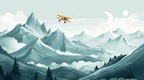 Mountain and airplane wallpaper design file showing full pattern with detailed snowy peaks and vintage aircraft
