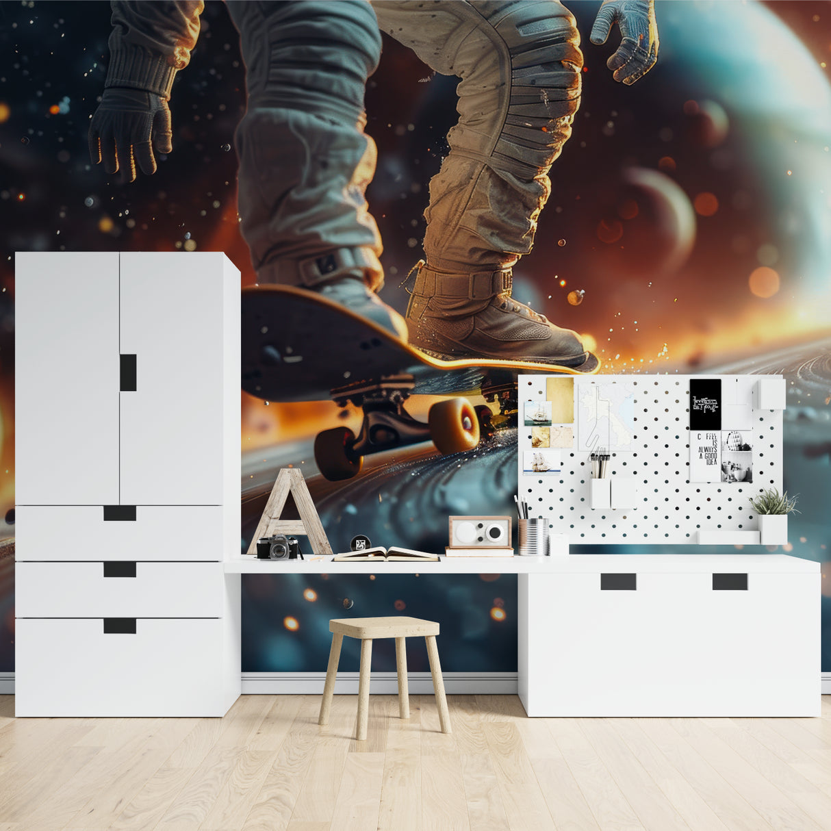 Mountain Adventure Wallpaper in bright kids bedroom showing playful clock and cloud design