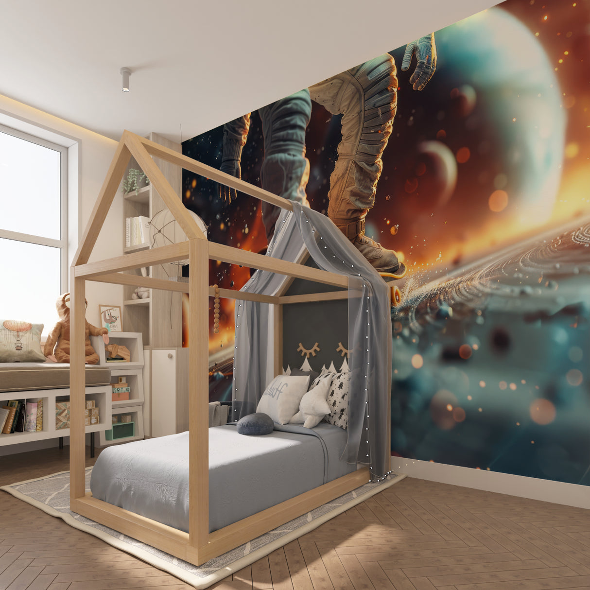 Whimsical mountain mural in modern playroom with reading nook