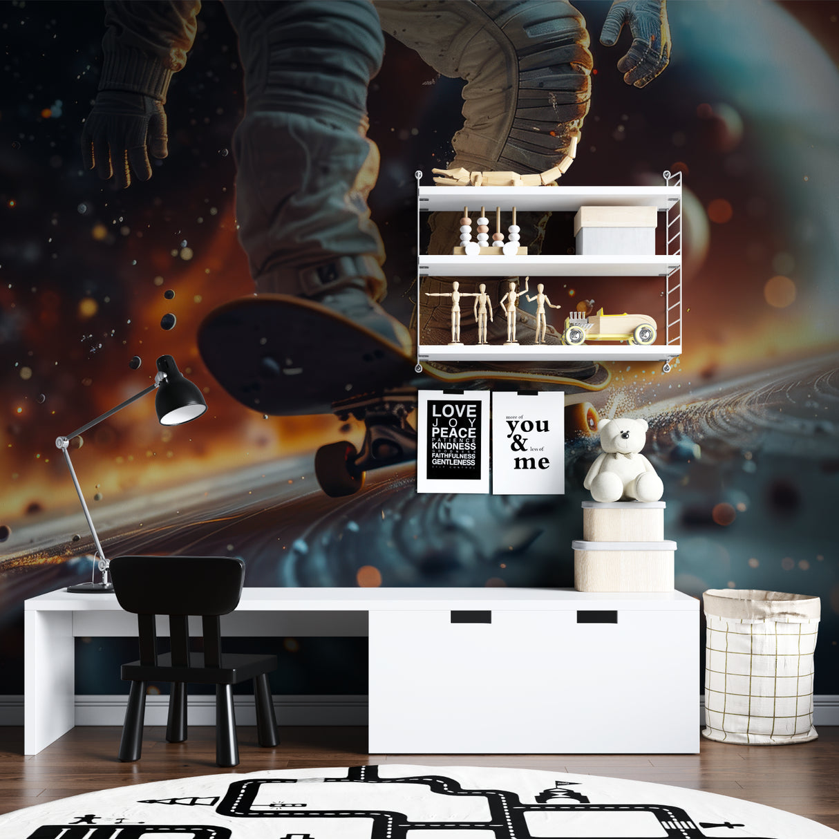 Adventure wall mural in child's study area with desk setup