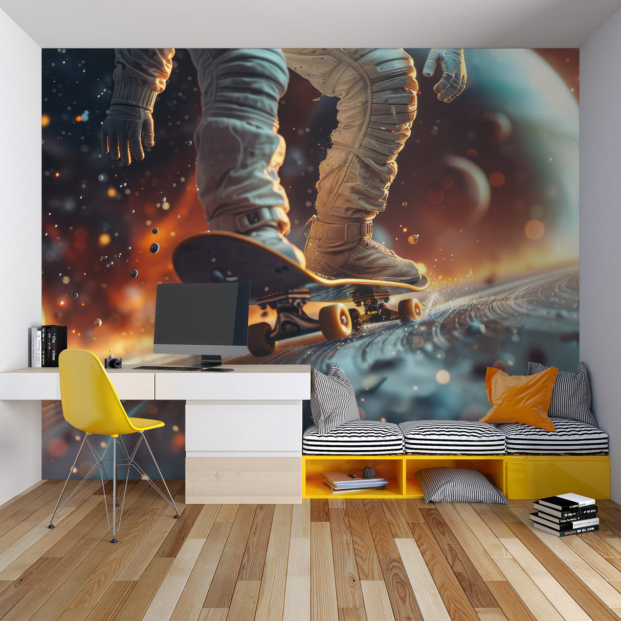 Mountain theme wall design in cozy reading corner