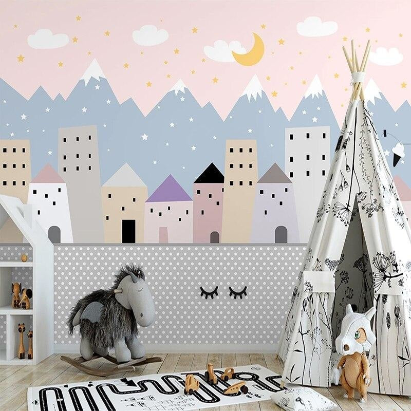 City skyline wallpaper with mountains transforming a teen bedroom