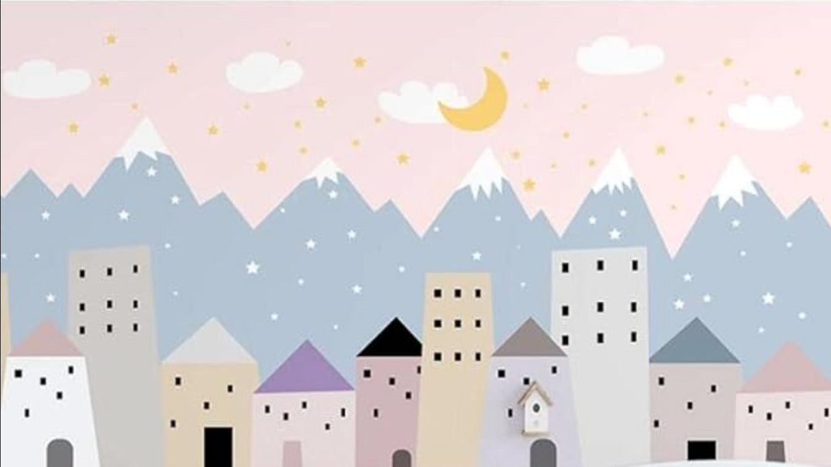 Mountain city wallpaper design file showing detailed pink sky pattern with golden stars
