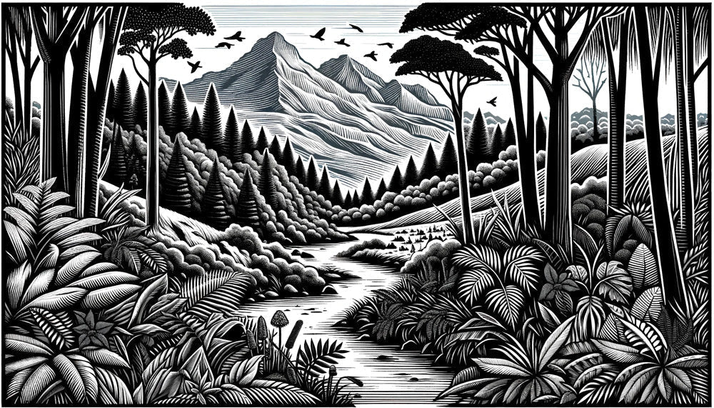 Mountain forest wallpaper design file showing detailed black and white nature scene pattern