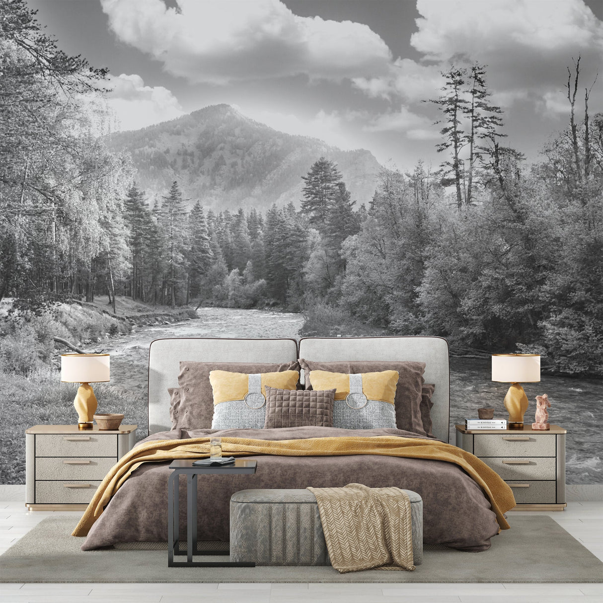 Mountain forest wallpaper creating depth in minimalist bedroom with natural light