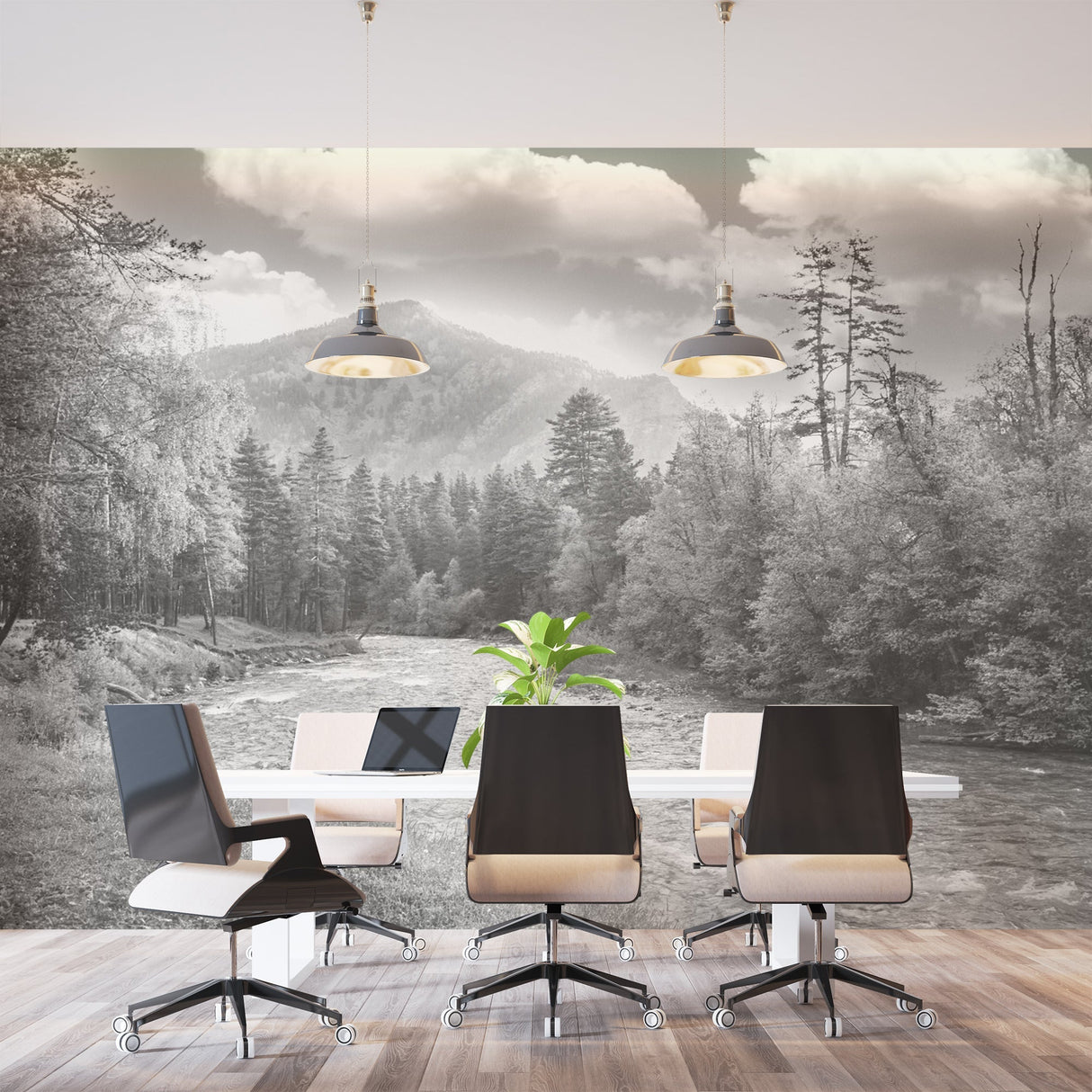Black and white nature mural adding drama to home office with river and mountain vista