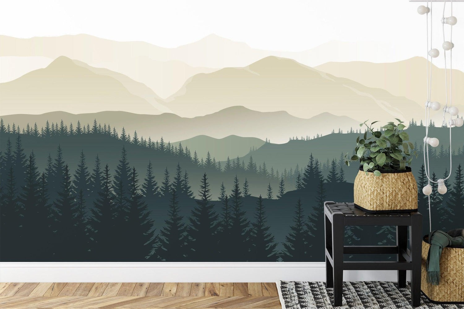 Mountain forest wallpaper creating depth in modern living room with gray sofa and natural light