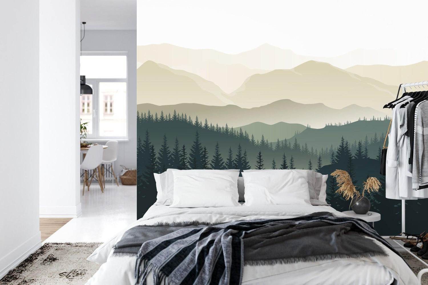 Mountain landscape wallpaper transforming home office with peaceful forest view