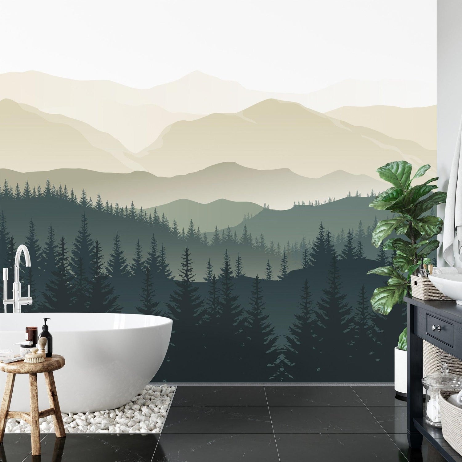 Nature wall mural in dining room showing misty mountain forest scene