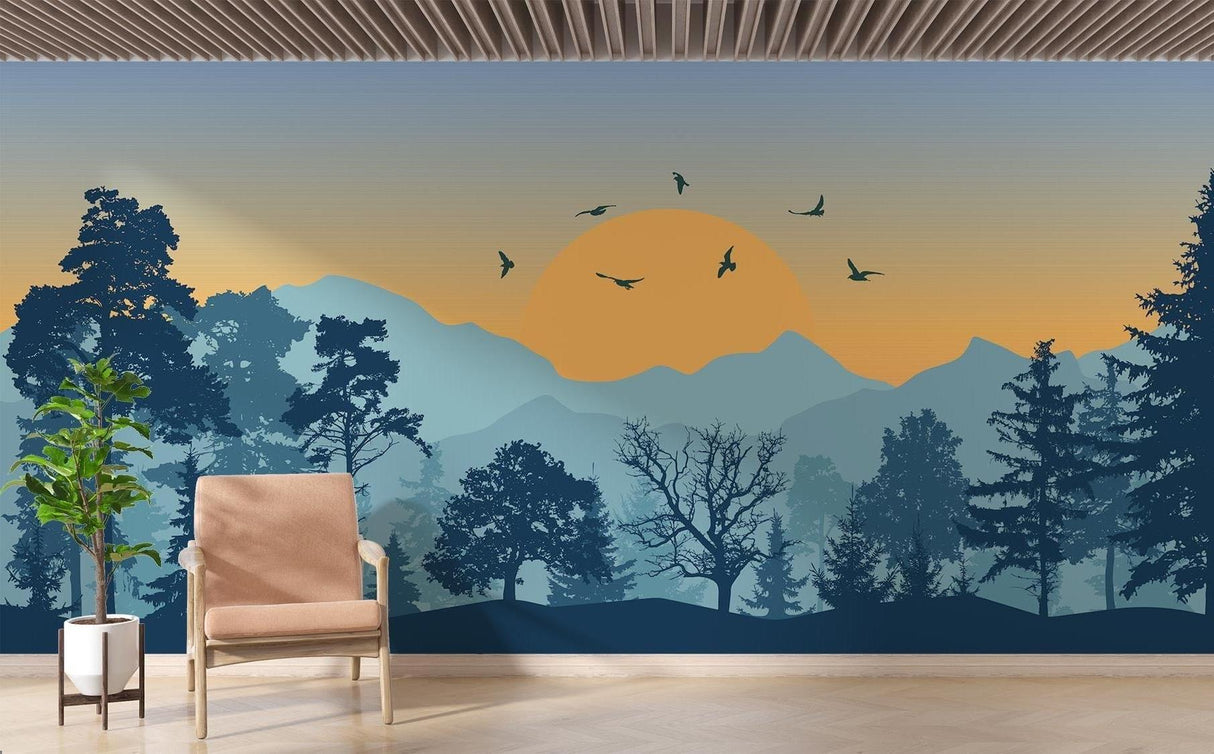 Mountain forest wallpaper creating depth in modern living room, sunset colors warming the space