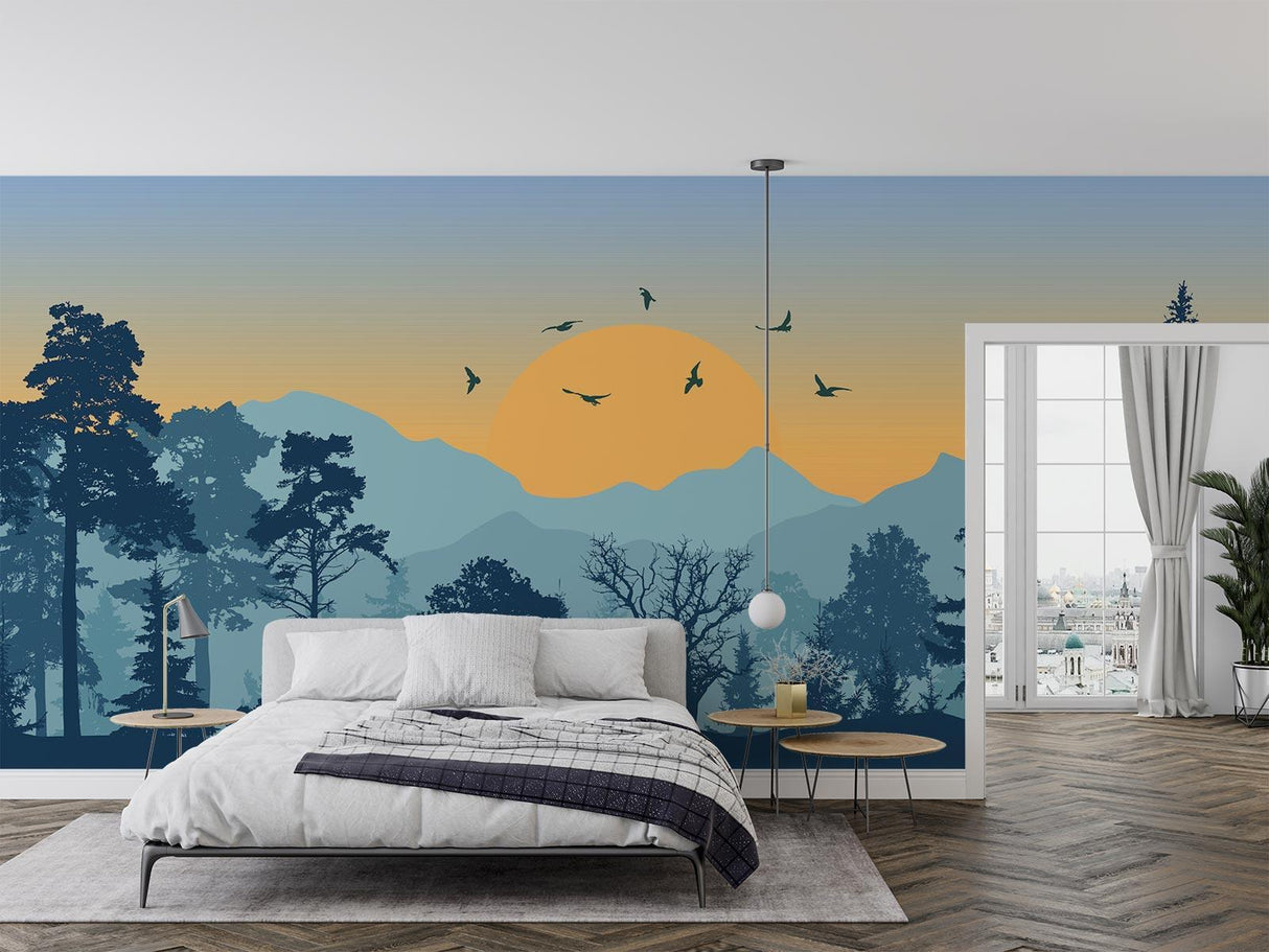 Pine tree wall mural with sunset view adding warmth to bedroom decor