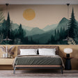 Mountain forest wallpaper mural showcased in a modern living room, creating a stunning focal point wall with sunset glow
