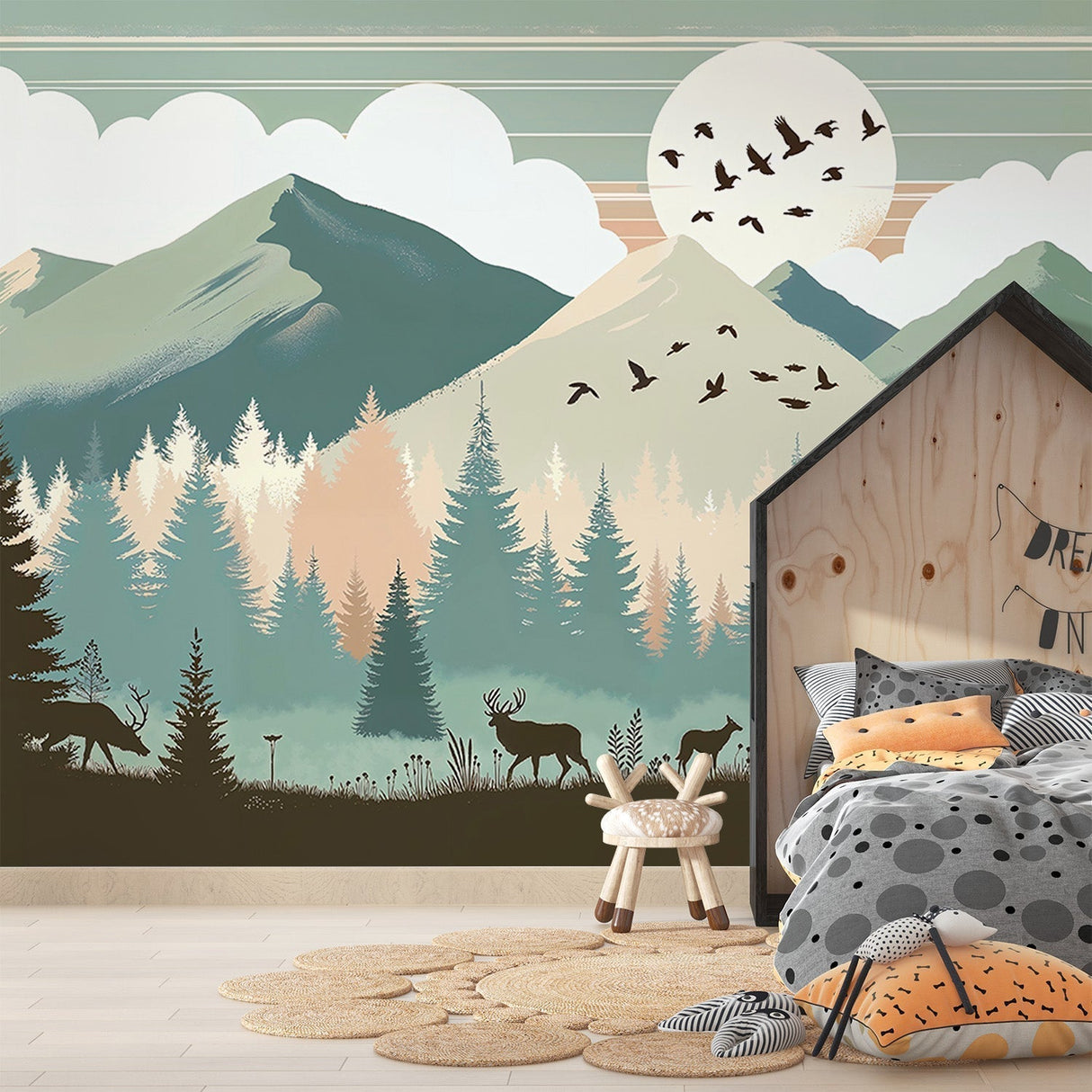 Mountain forest wallpaper mural shown in a modern living room, pine trees and wildlife create depth against soft morning light