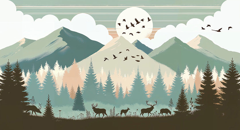Mountain forest wallpaper design file showing detailed pine trees and wildlife silhouettes in serene natural colors