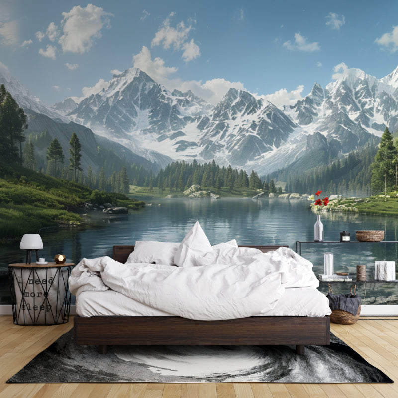 Mountain lake wallpaper in modern living room showing reflective waters and snow-capped peaks