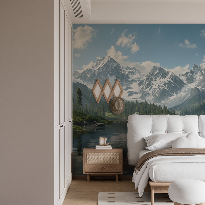 Peaceful mountain landscape mural in master bedroom with morning light