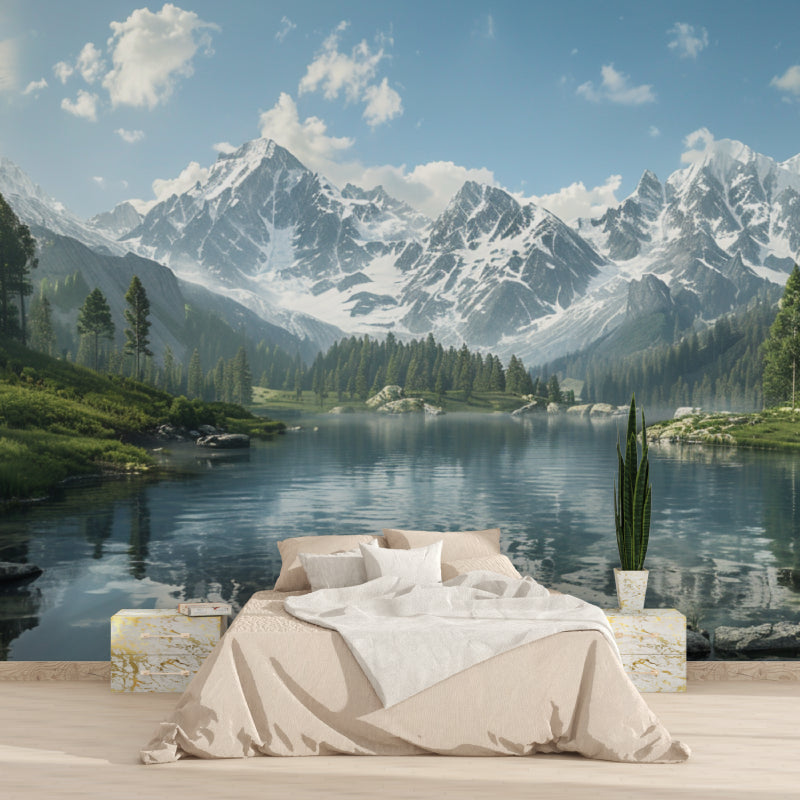 Alpine lake wallpaper creating depth in home office space