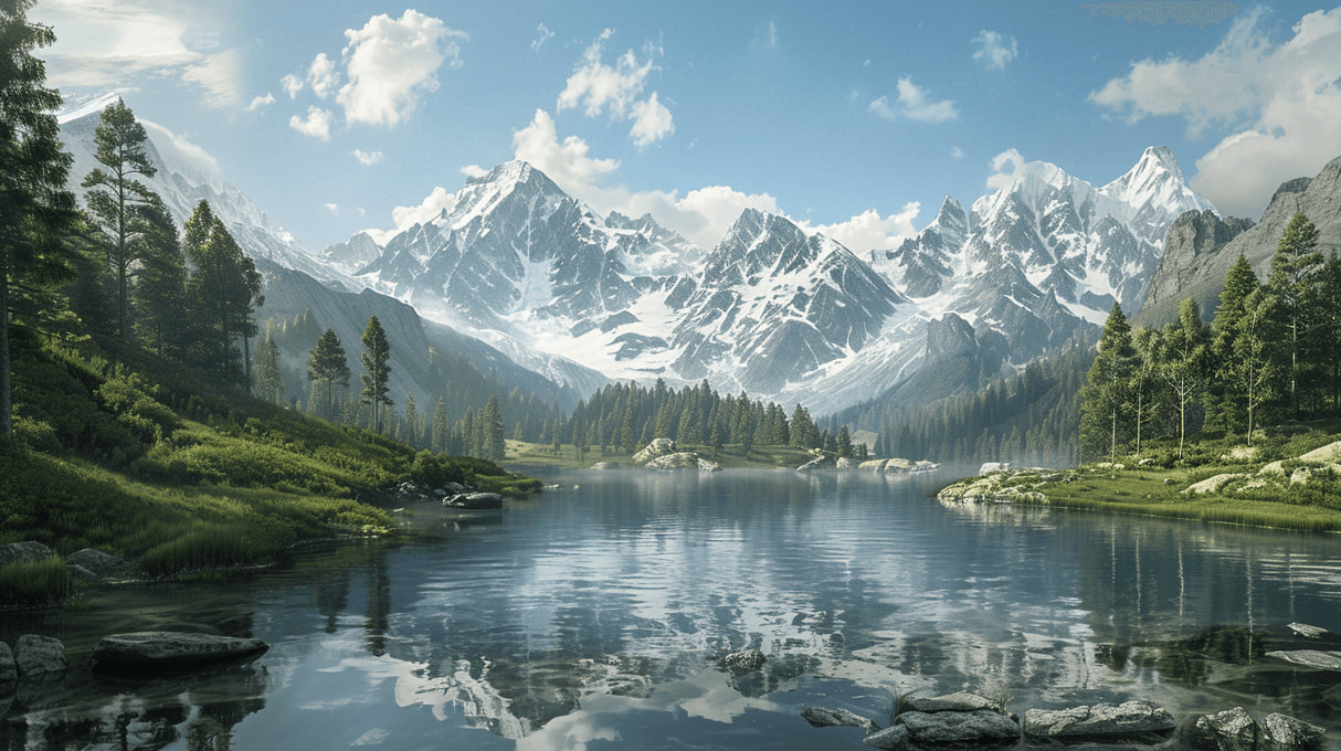 Mountain lake design file showing detailed snow peaks and crystal waters pattern