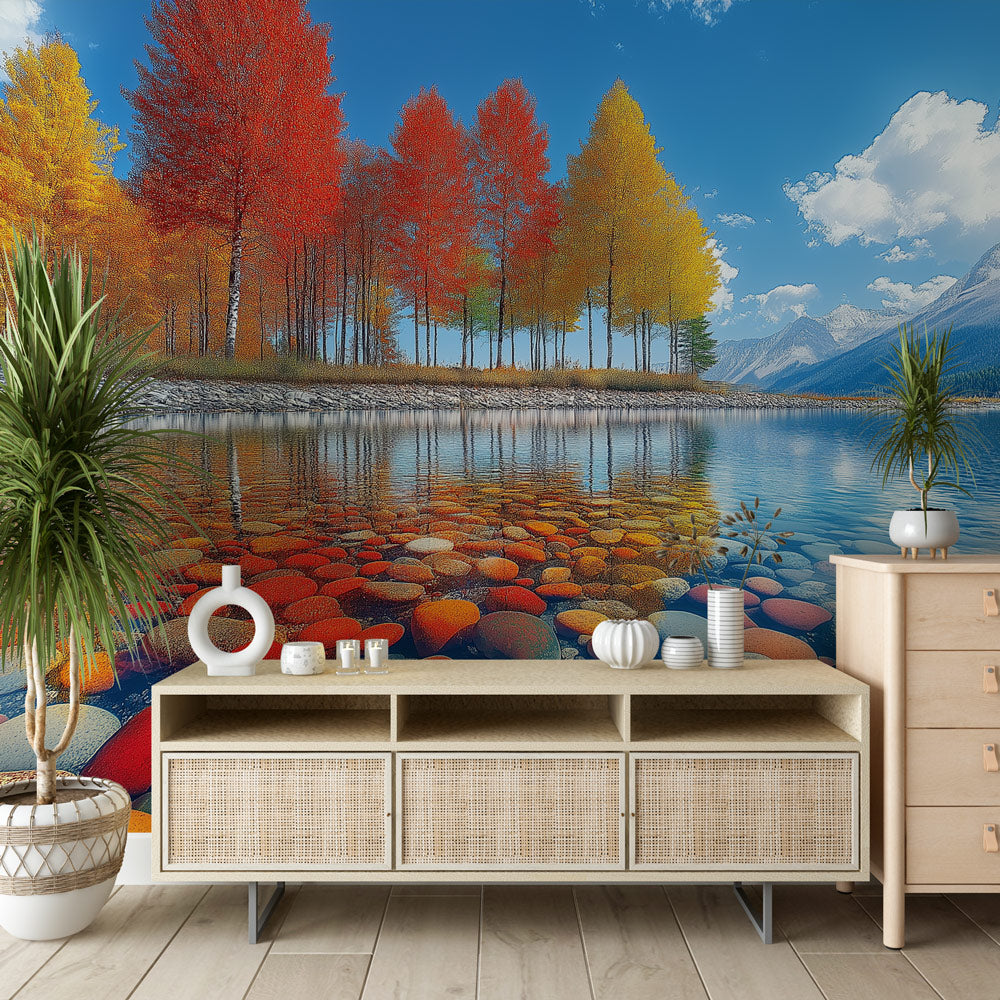 Mountain lake wallpaper creating depth in modern living room, autumn colors reflecting on calm waters