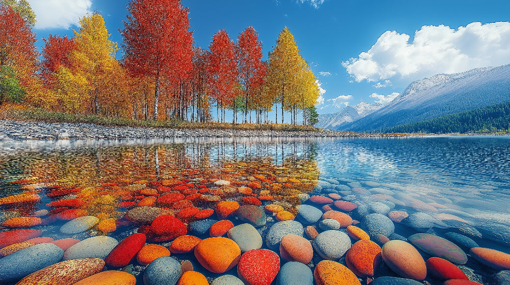 Mountain lake design file showing detailed autumn foliage and stone reflections pattern