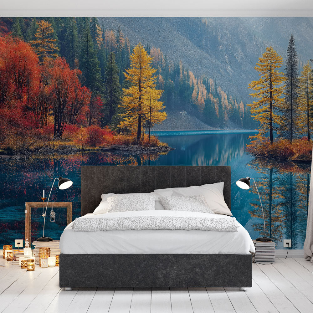 Mountain lake wallpaper mural styled in modern living room, showing autumn colors and water reflections